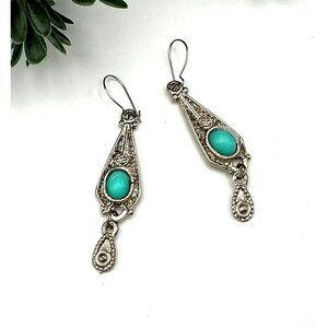Vintage-Inspired Silver Tone Drop Earrings With Filigree Design and a Turquoise